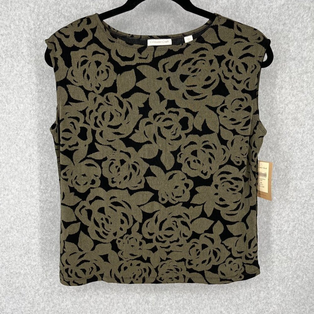 Coldwater Creek Dark Floral Print Travel Shell Top Size XL Black Tan Slinky NEW